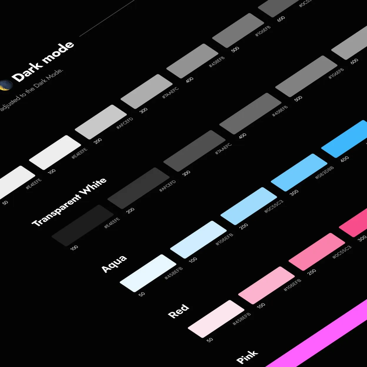 Dark mode colour palette: transparent white, aqua, red and pink scales