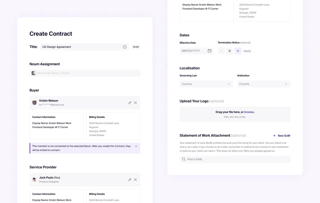 Create contract form with buyer, service provider, dates and attachments