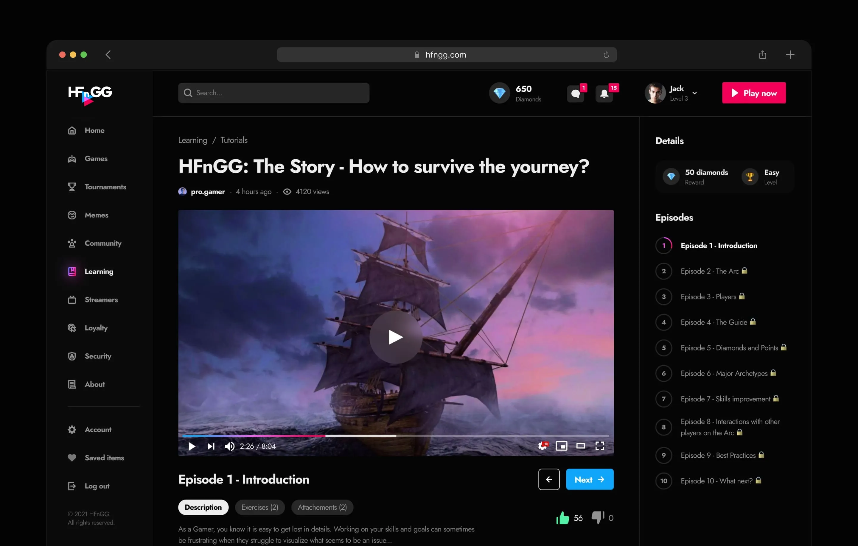 HFnGG course page in a browser window: video player with an episode list