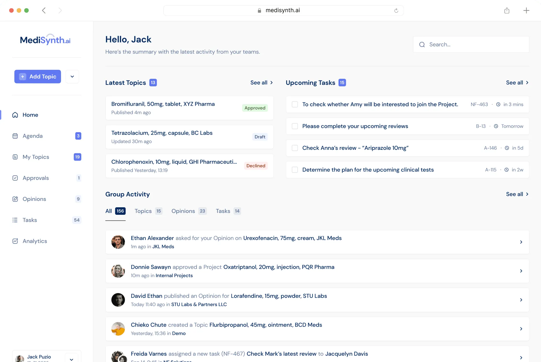 MediSynth AI dashboard in a browser window: latest topics, upcoming tasks and group activity