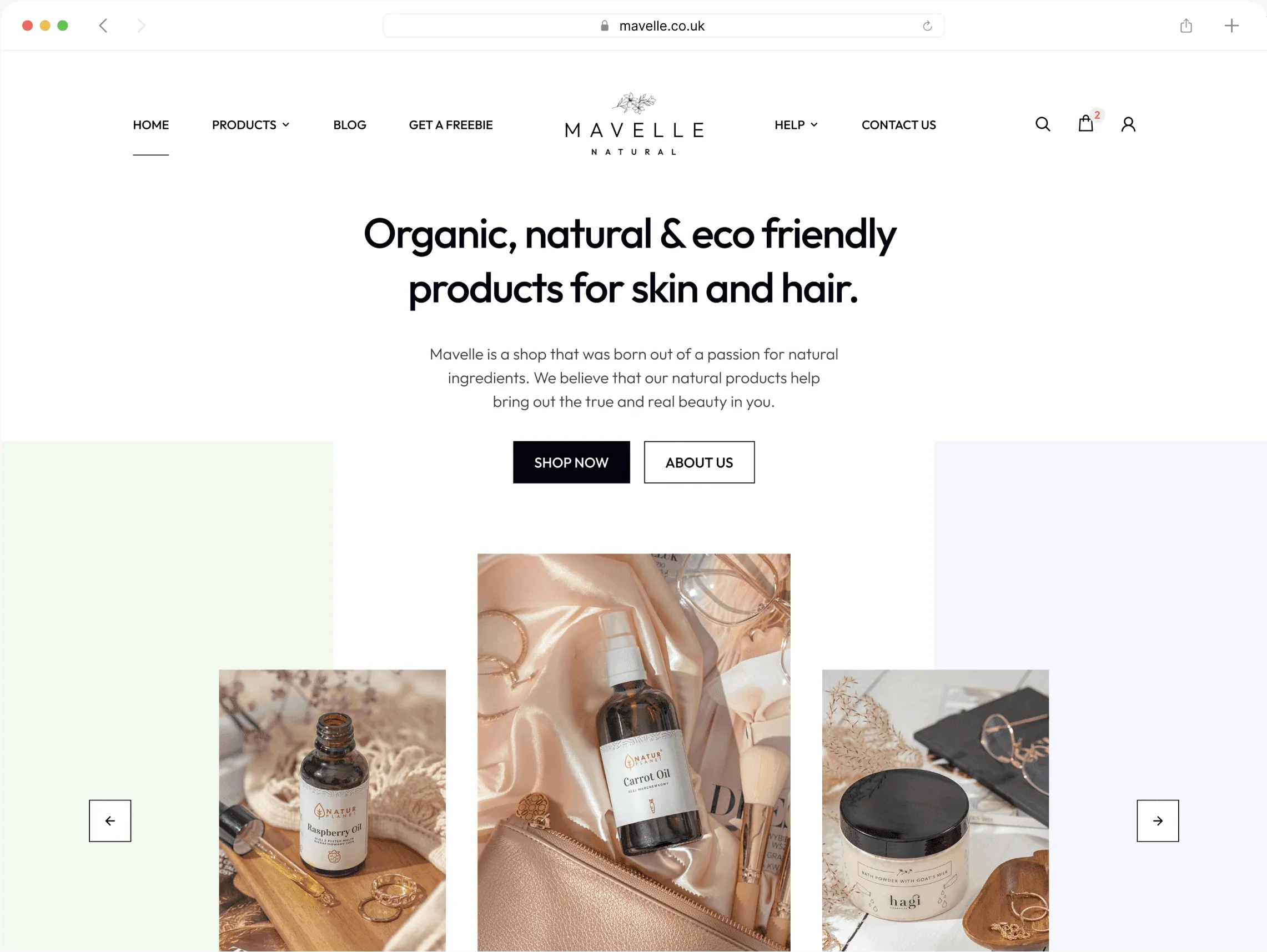 Mavelle online shop homepage in a browser window: headline, shop buttons and three product photos