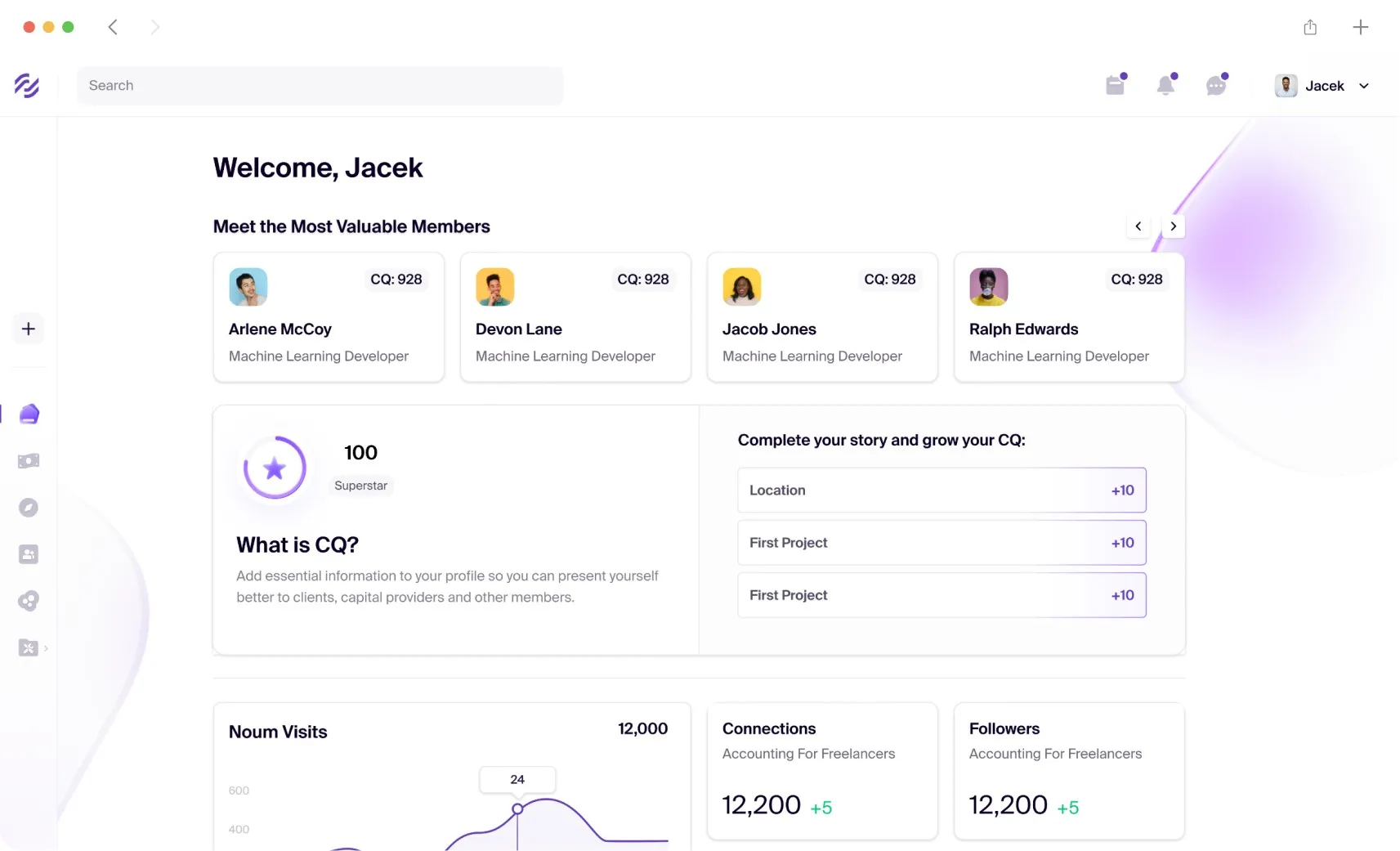Noumena web app home screen with a welcome header, member cards and visit statistics