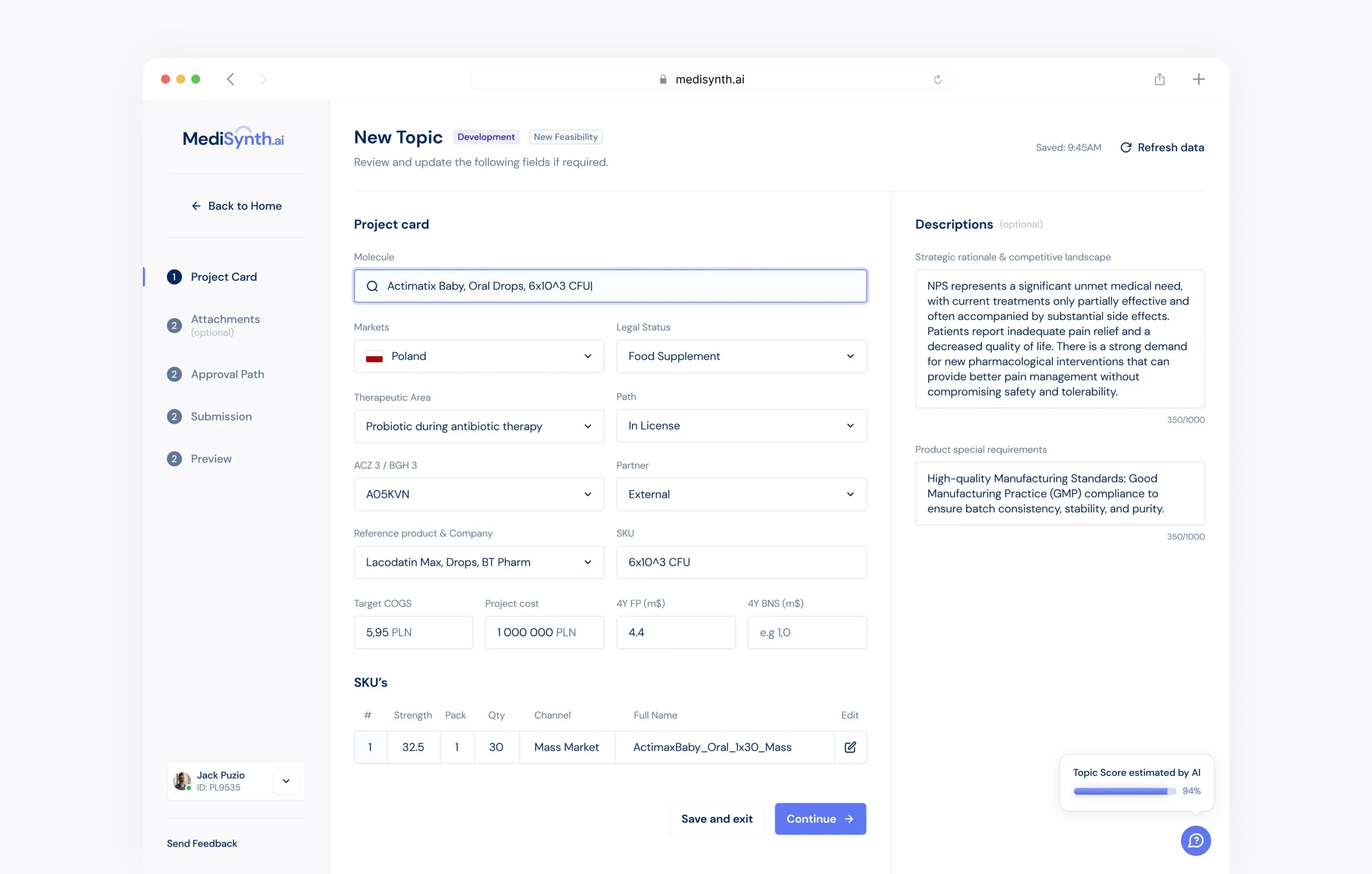 New Topic form, Project Card step: molecule, markets, legal status and SKU fields next to a descriptions panel