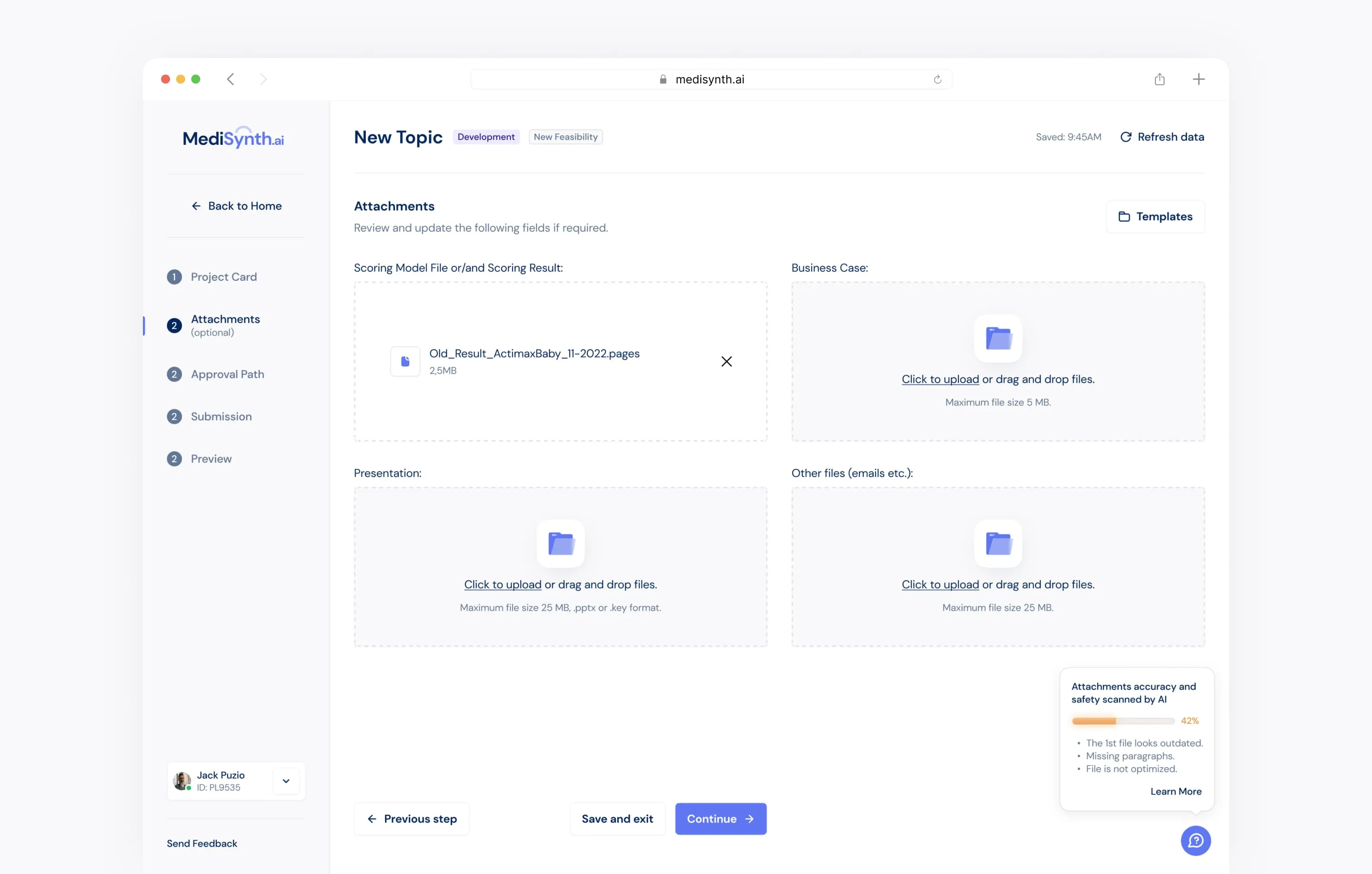 New Topic form, Attachments step: upload areas for the scoring model, business case, presentation and other files