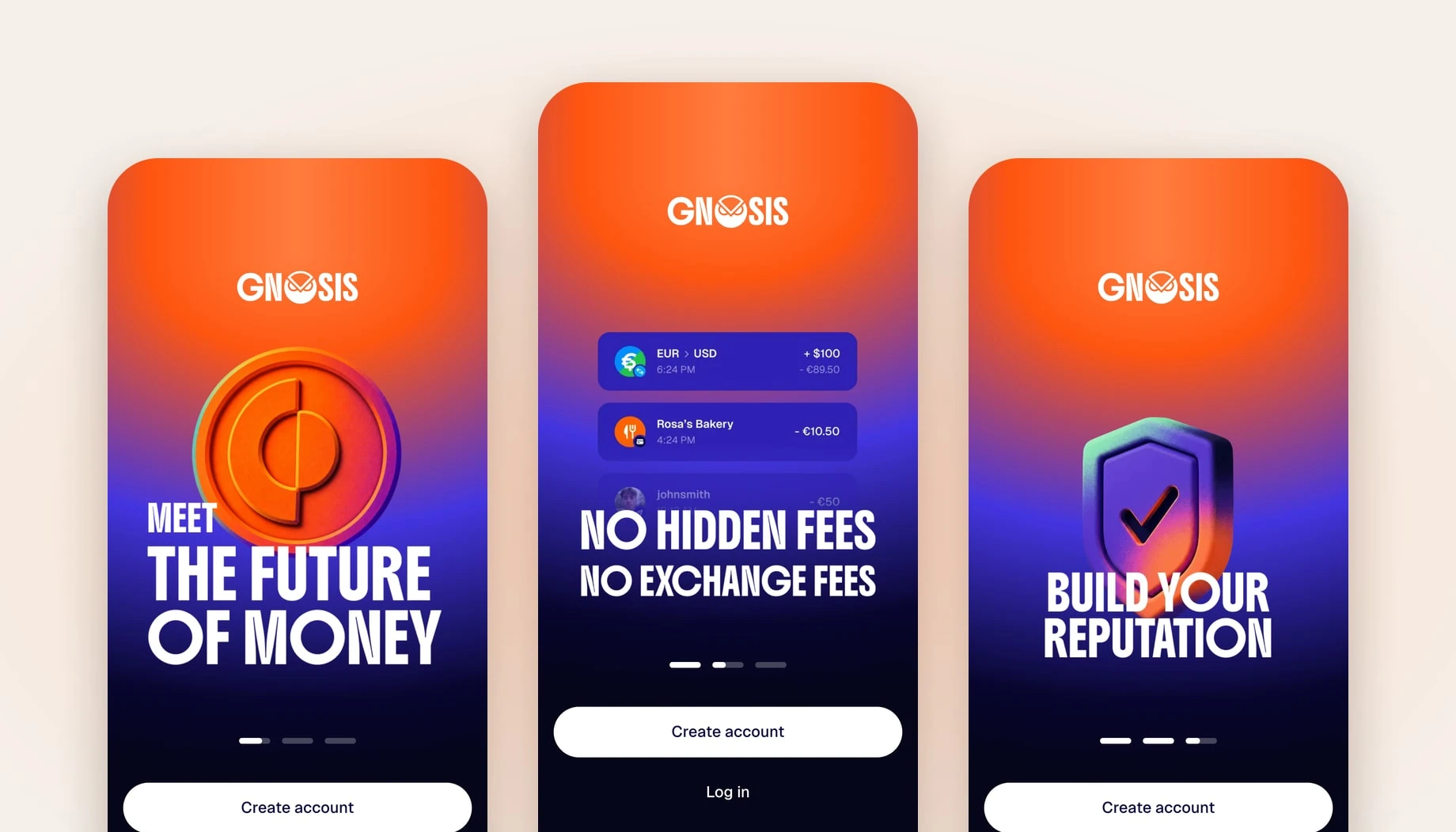 Three Gnosis App onboarding screens: Meet the future of money, No hidden fees, Build your reputation