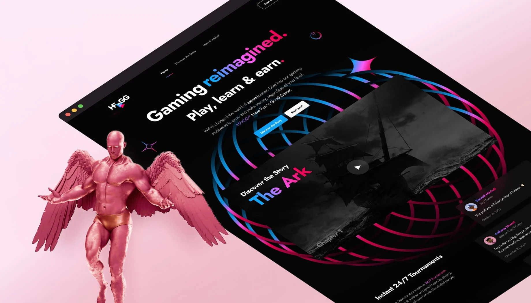 HFnGG dark-themed landing page on a tilted screen next to a winged trophy figure