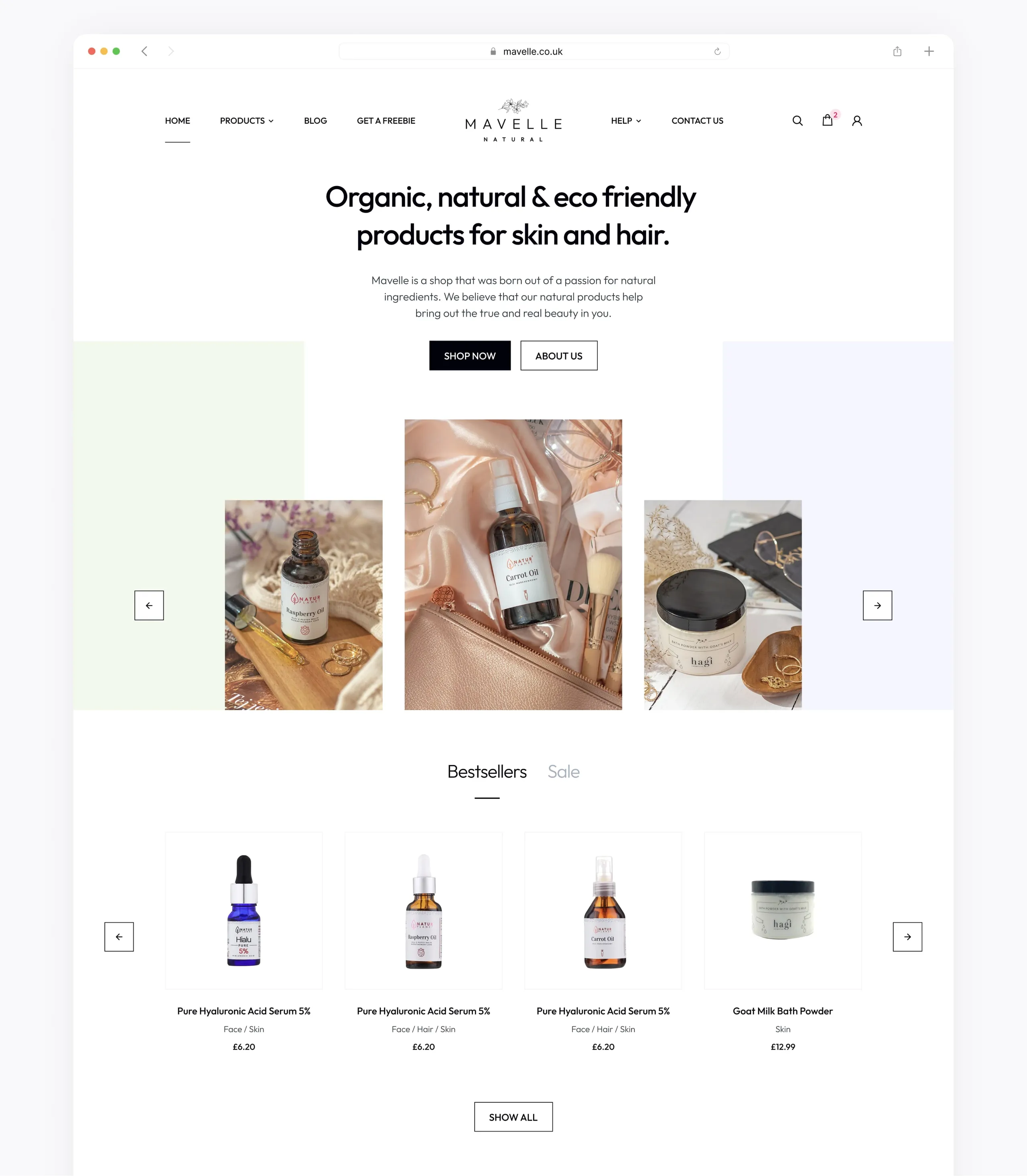 Mavelle homepage: hero with product photos, followed by a bestsellers product row