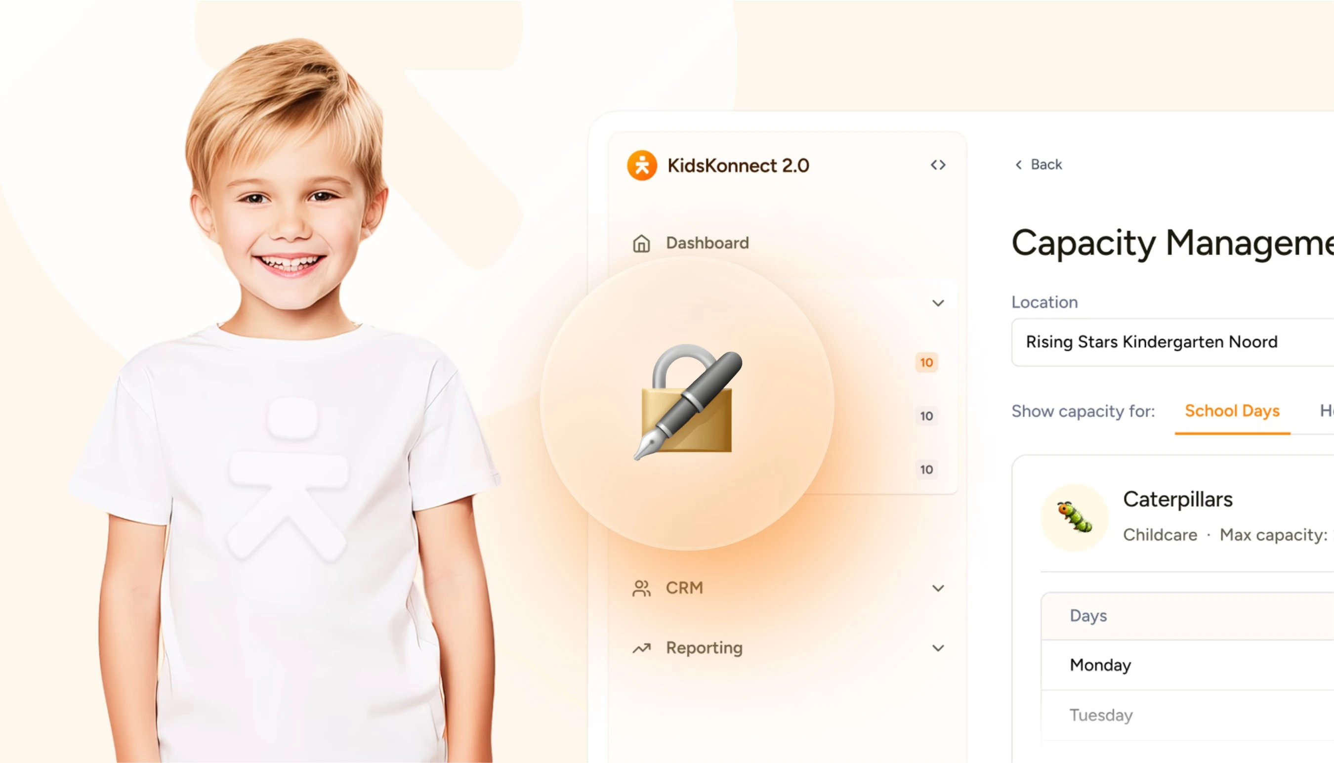 KidsKonnect capacity management screen next to a smiling child