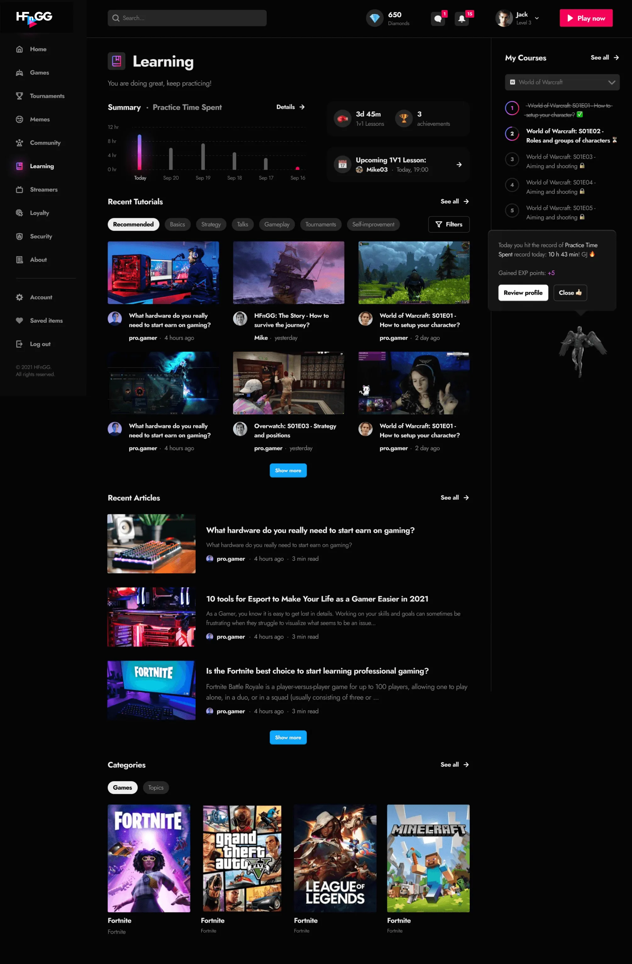 Learning dashboard with tutorials, articles and game categories