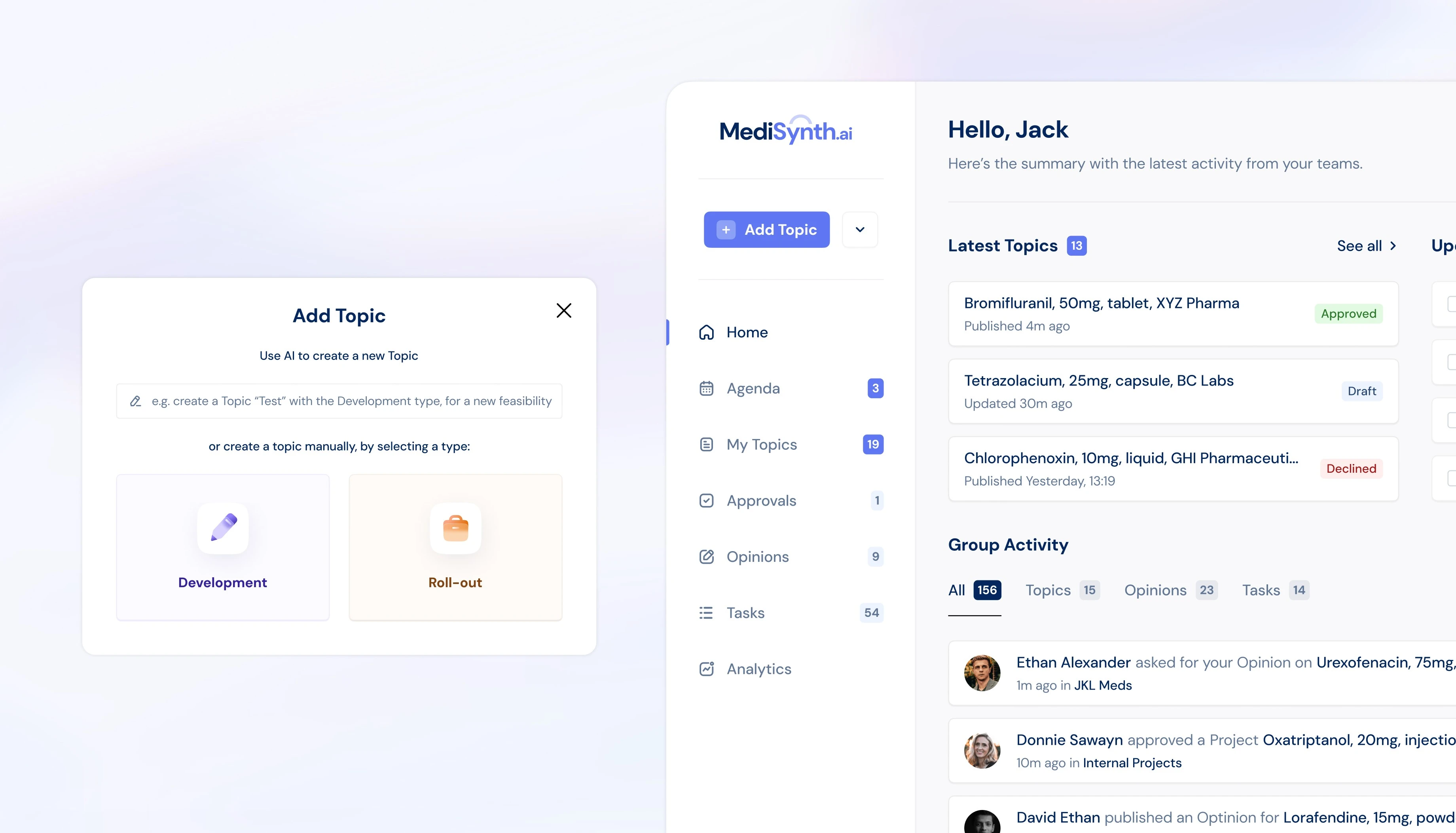 MediSynth AI dashboard with an Add Topic dialog and a list of latest topics