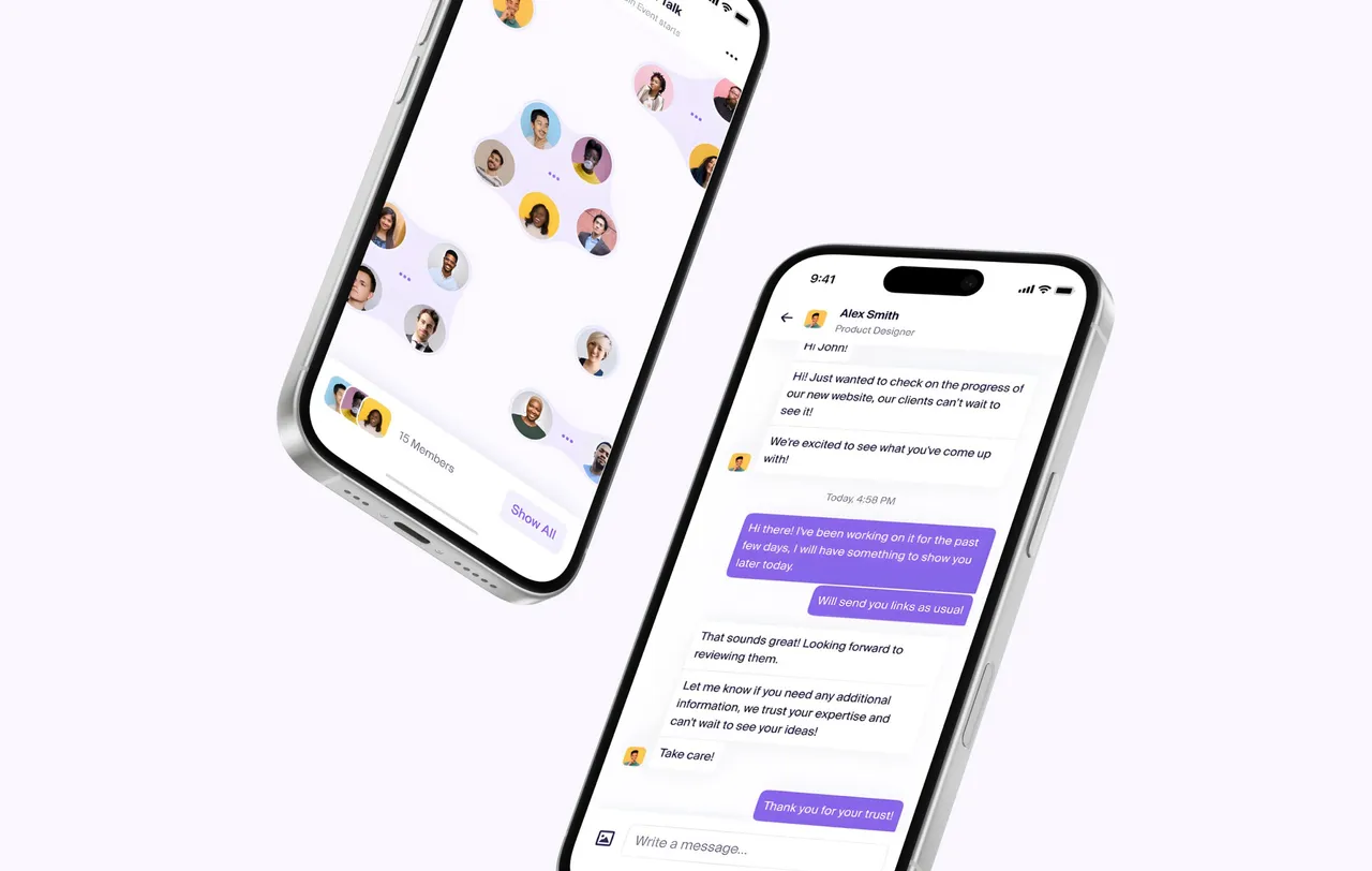 Two phones showing a member map and a chat conversation