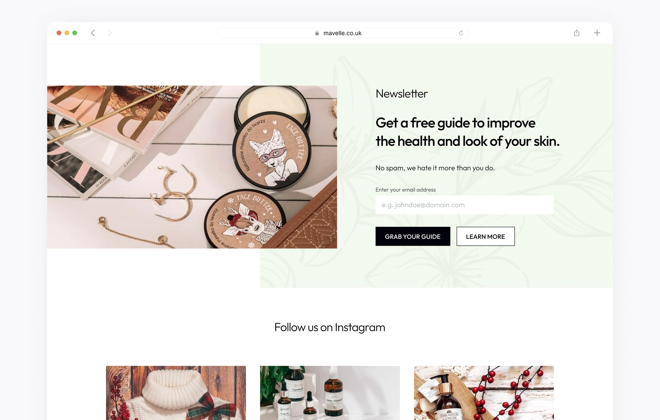 Newsletter sign-up offering a free guide, above an Instagram feed