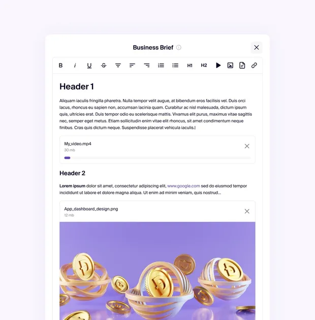Business brief text editor with attached files