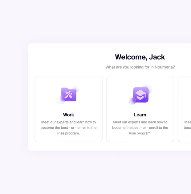 Welcome screen with Work and Learn category cards