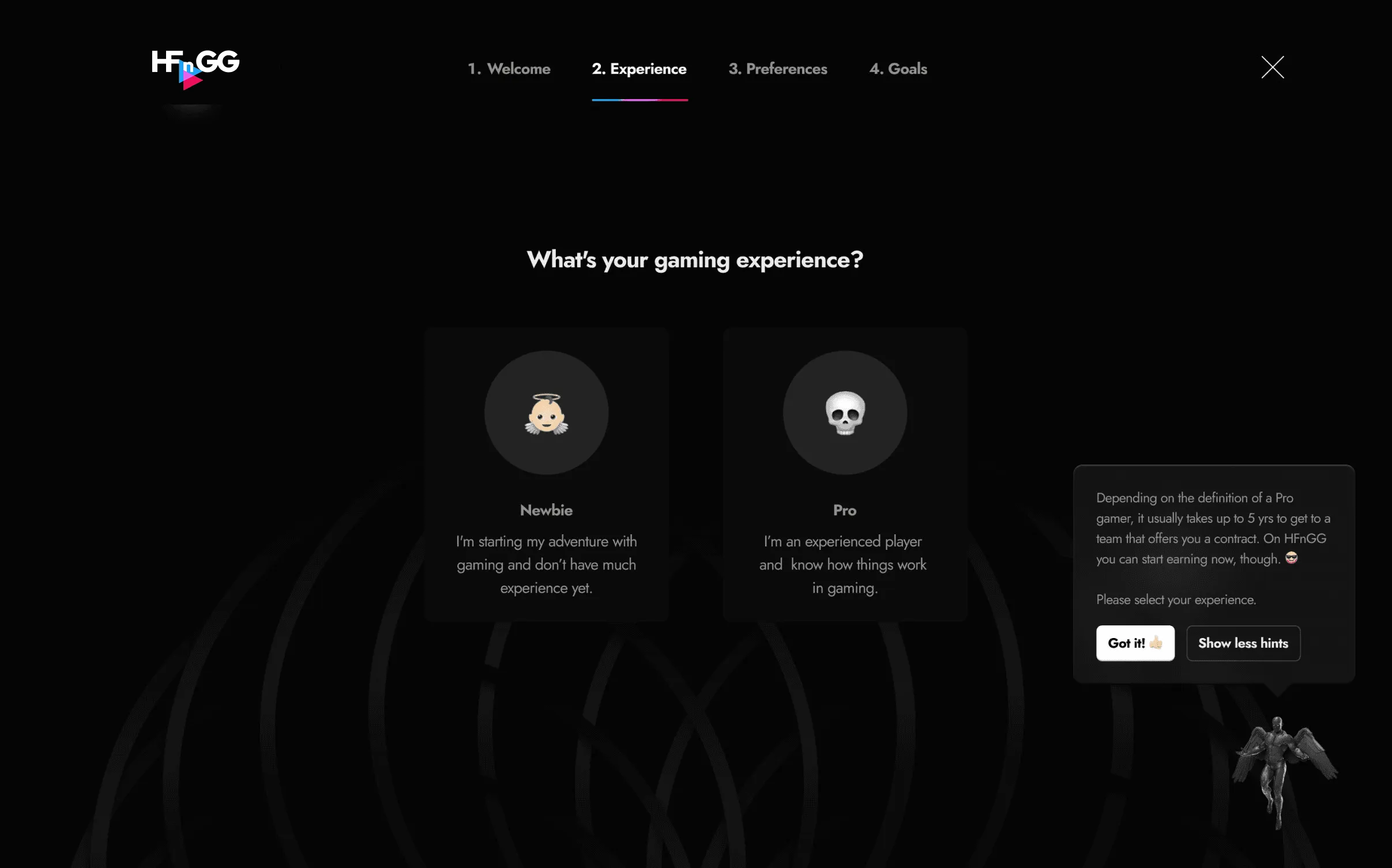Onboarding step 2: gaming experience selection with a hint panel