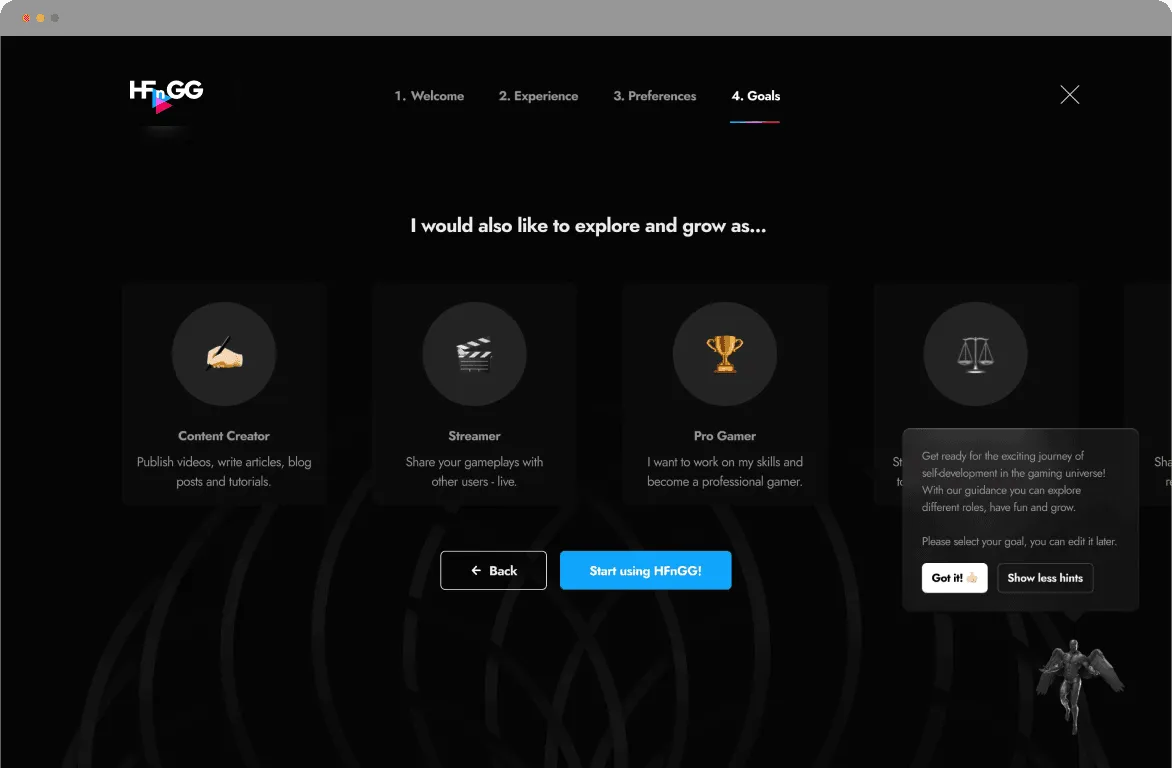Onboarding goals step in an app window