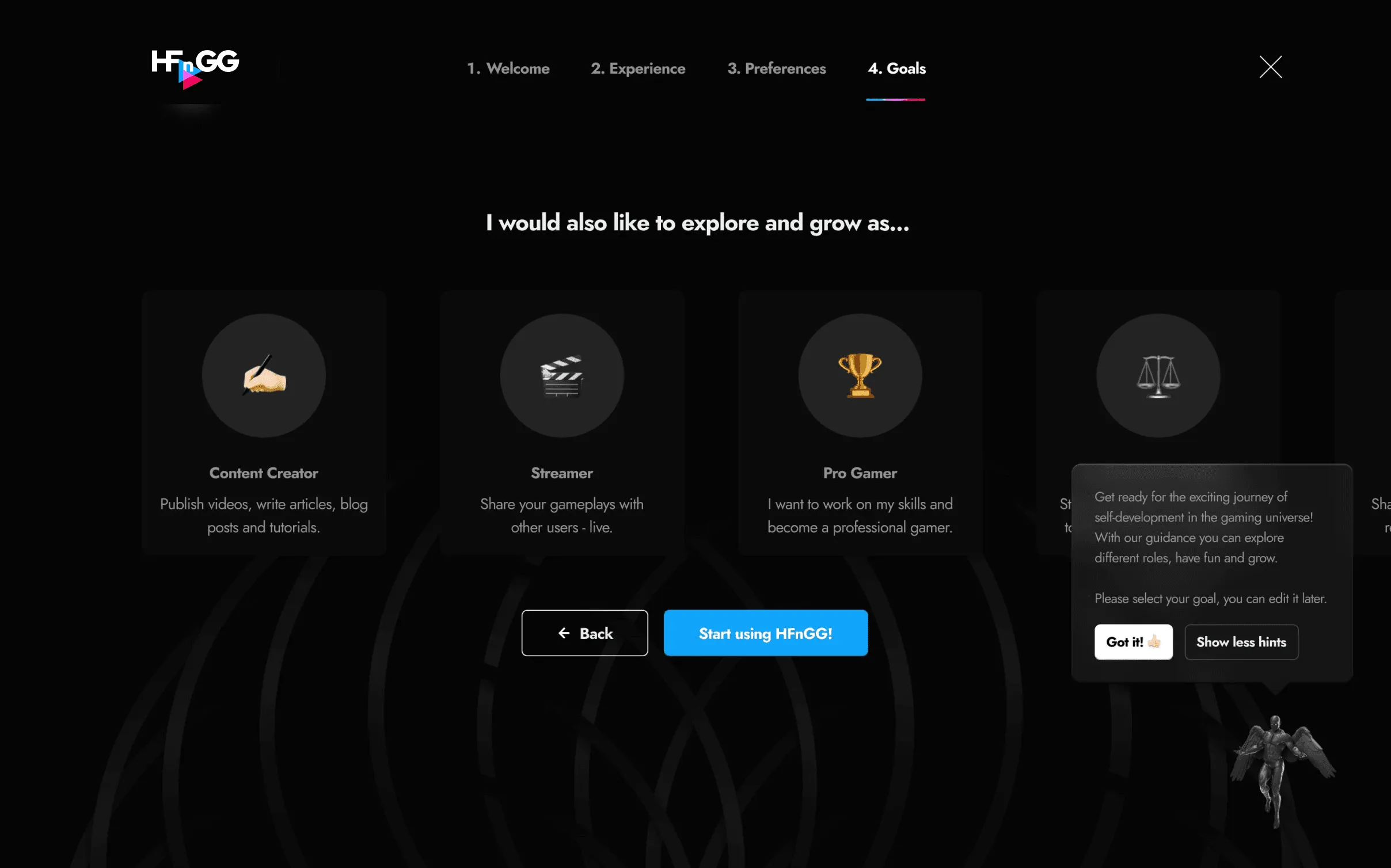 Onboarding step 4: choosing goals such as Content Creator, Streamer or Pro Gamer