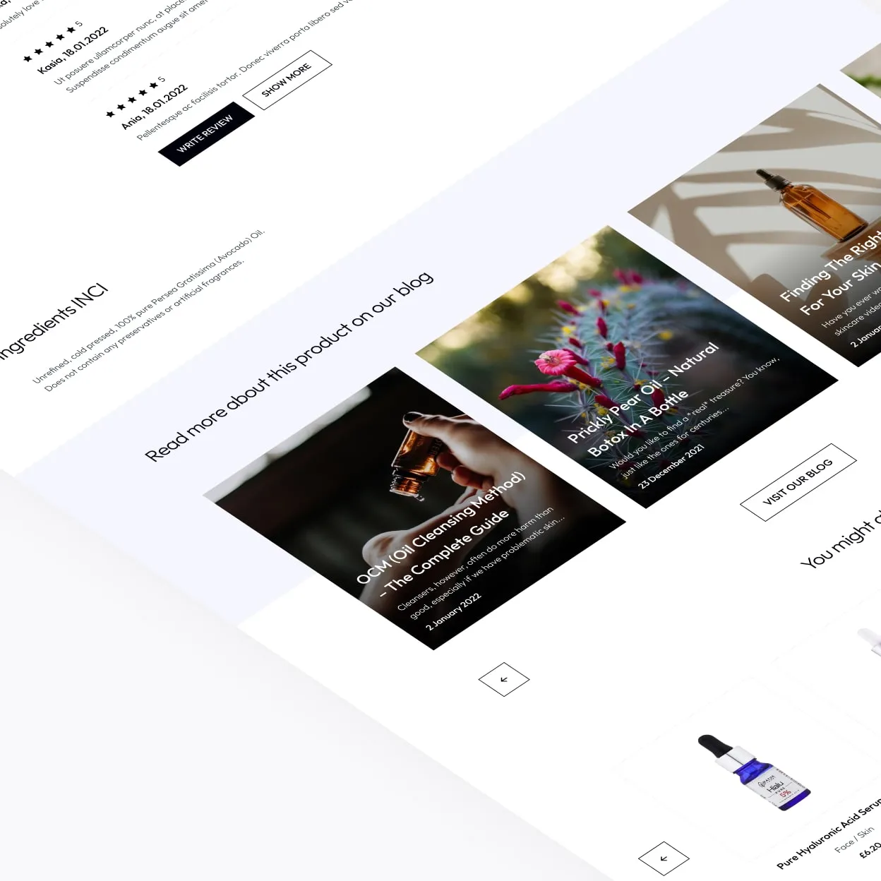 Angled view of the product page: customer reviews, related blog articles and suggested products