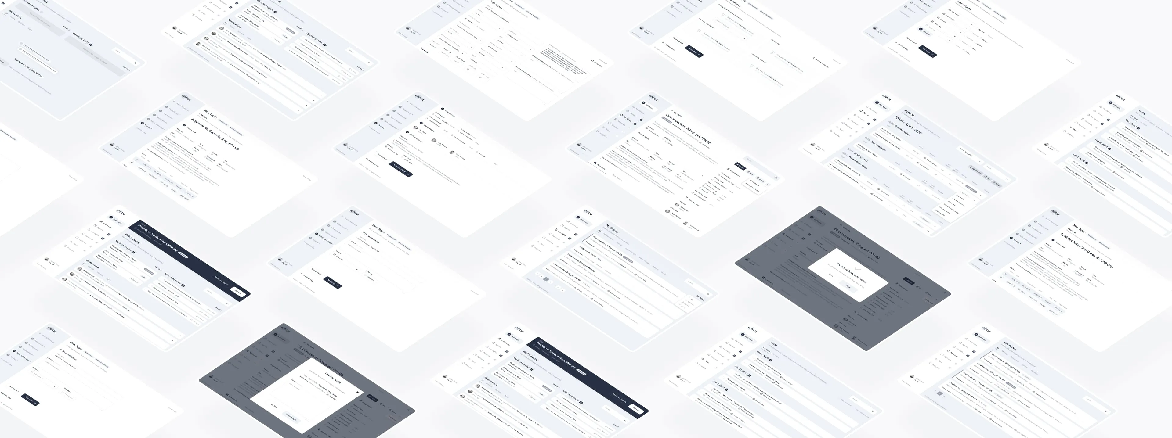 Isometric overview of the prototype wireframes: dozens of greyscale screens laid out in a grid