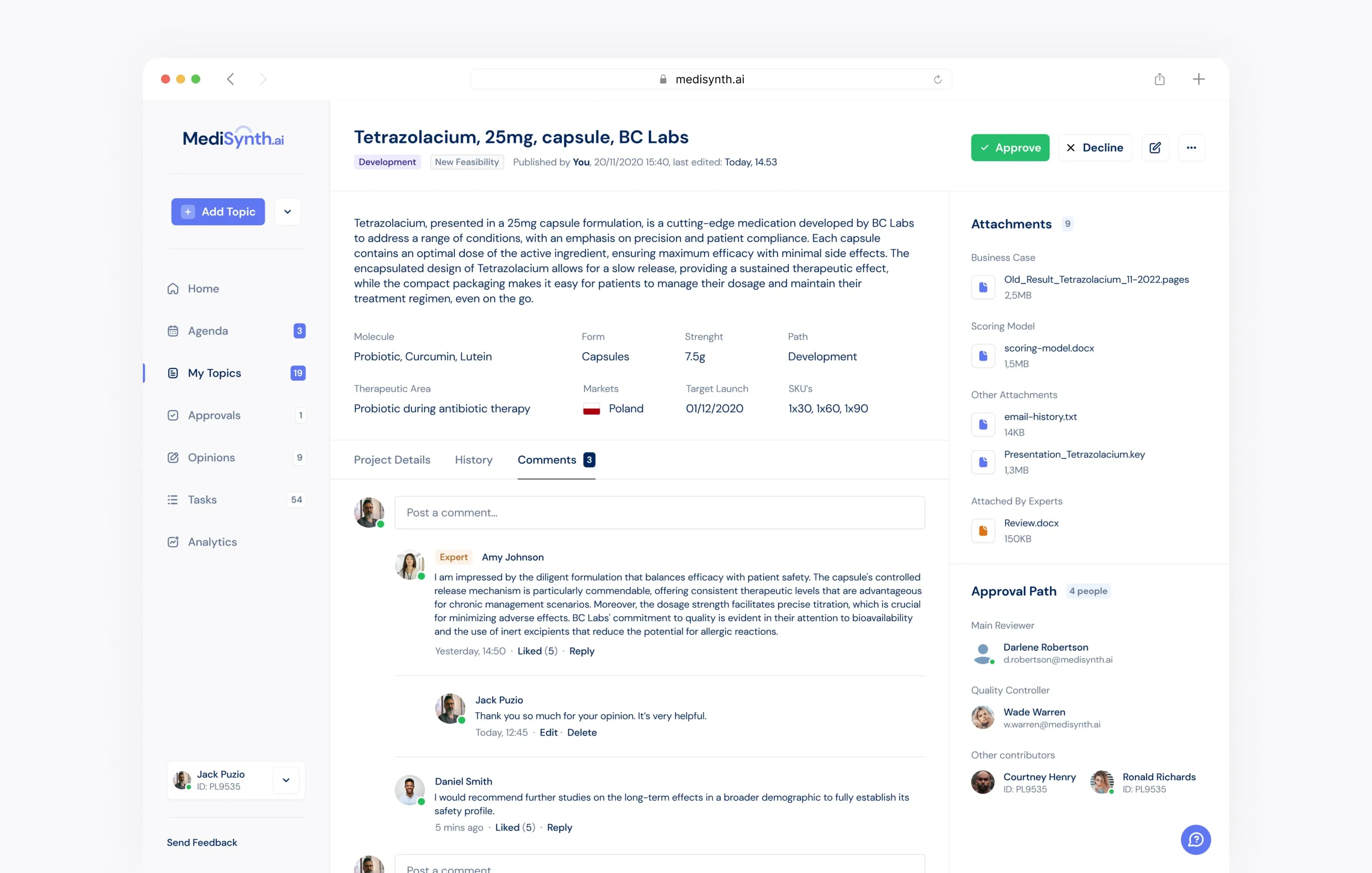Topic details page: drug description and parameters, expert comments, attachments and the approval path